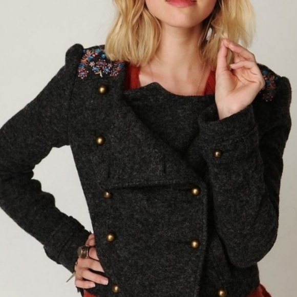 FREE People Picchi Wool Embroidered Pleated Jacket size 10 - Picture 3 of 9